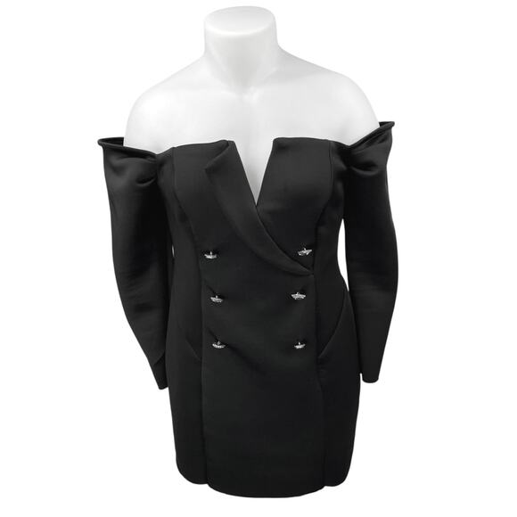 ASOS Black Off The Shoulder Tux Double Breasted Long Sleeve Sheath Mini Dress 16 - Picture 2 of 6